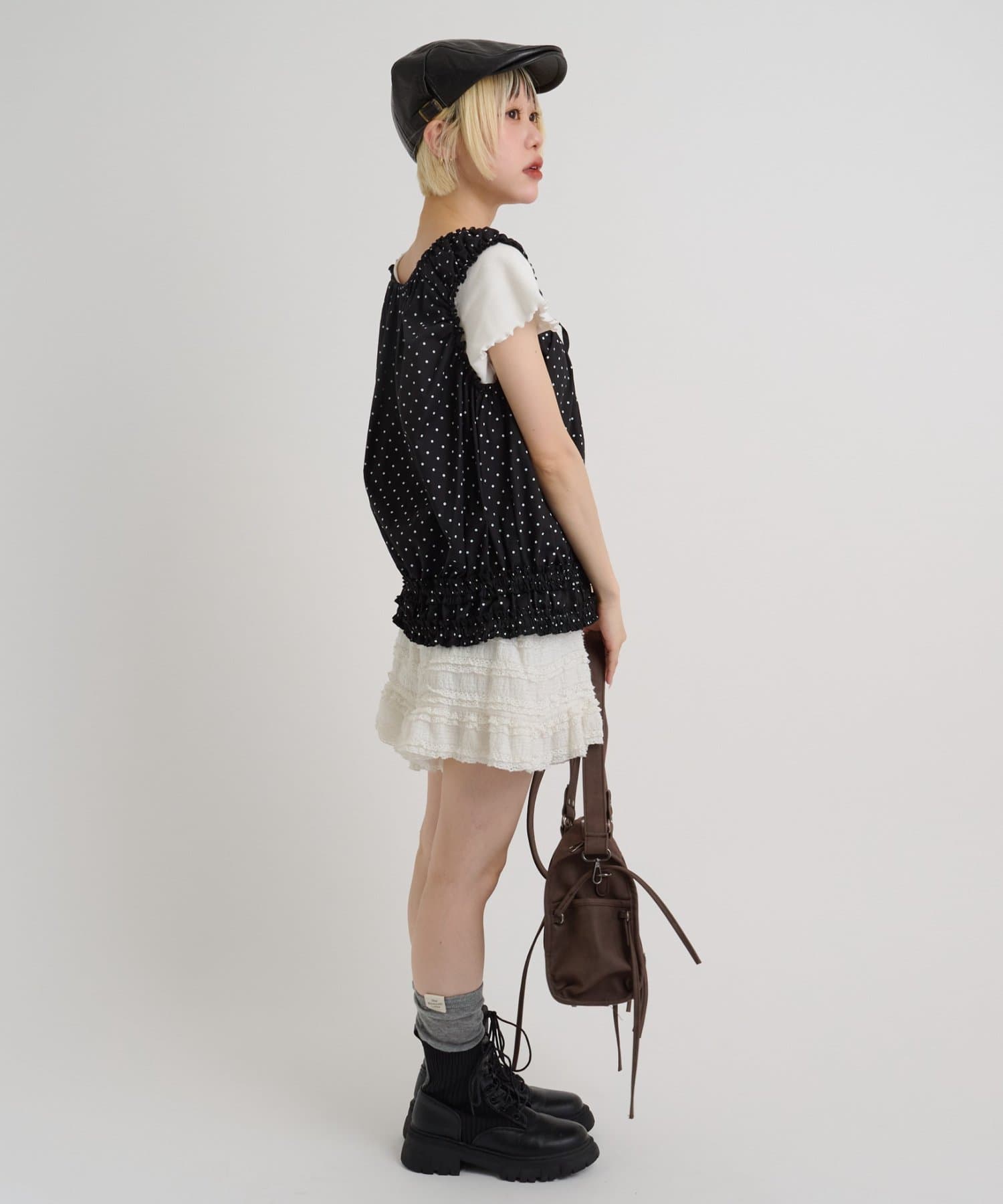 w closet(ダブルクローゼット) 【セットアップ対応/ドット/無地】フリルギャザーノースリブラウス