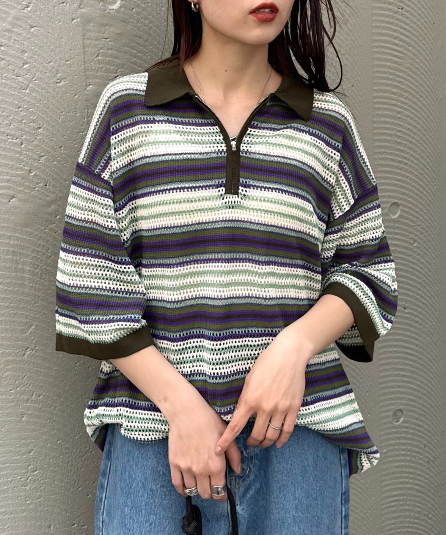 CIAOPANIC TYPY(チャオパニックティピー) 【UNISEX】透かし編みメッシュボーダーハーフジップサマーニットポロ