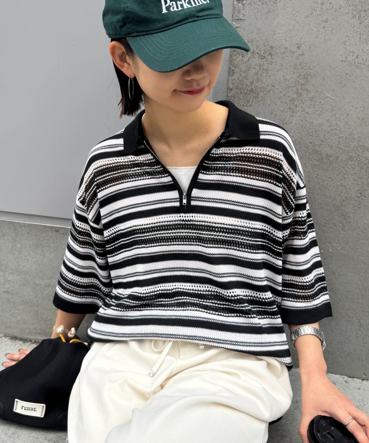 CIAOPANIC TYPY(チャオパニックティピー) 【UNISEX】透かし編みメッシュボーダーハーフジップサマーニットポロ