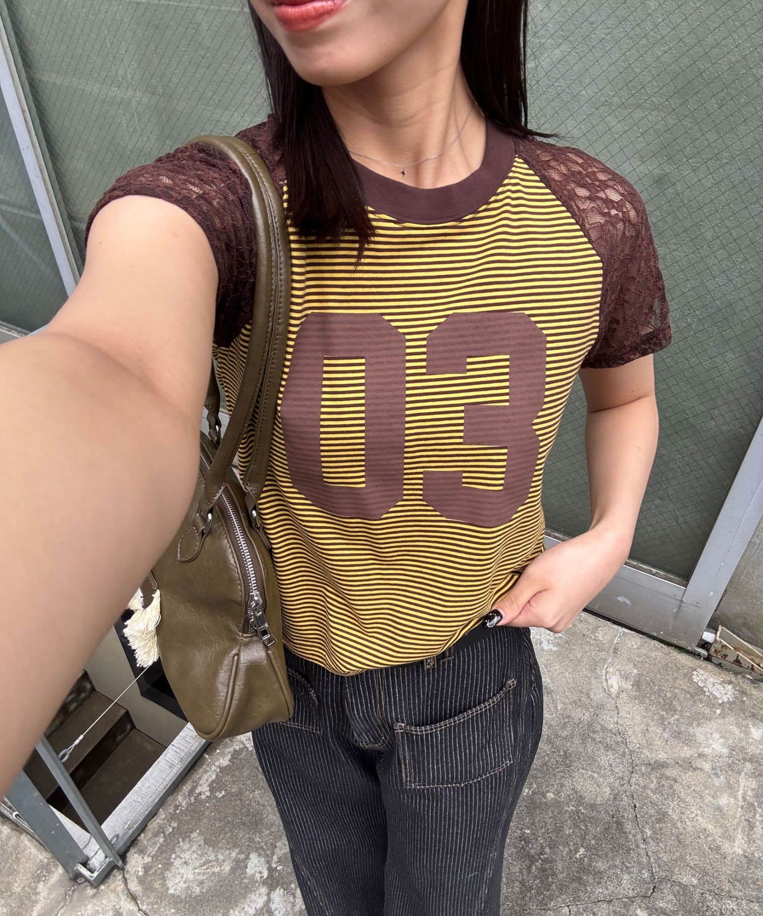 CIAOPANIC(チャオパニック) 袖レースナンバリングボーダーラグランTee