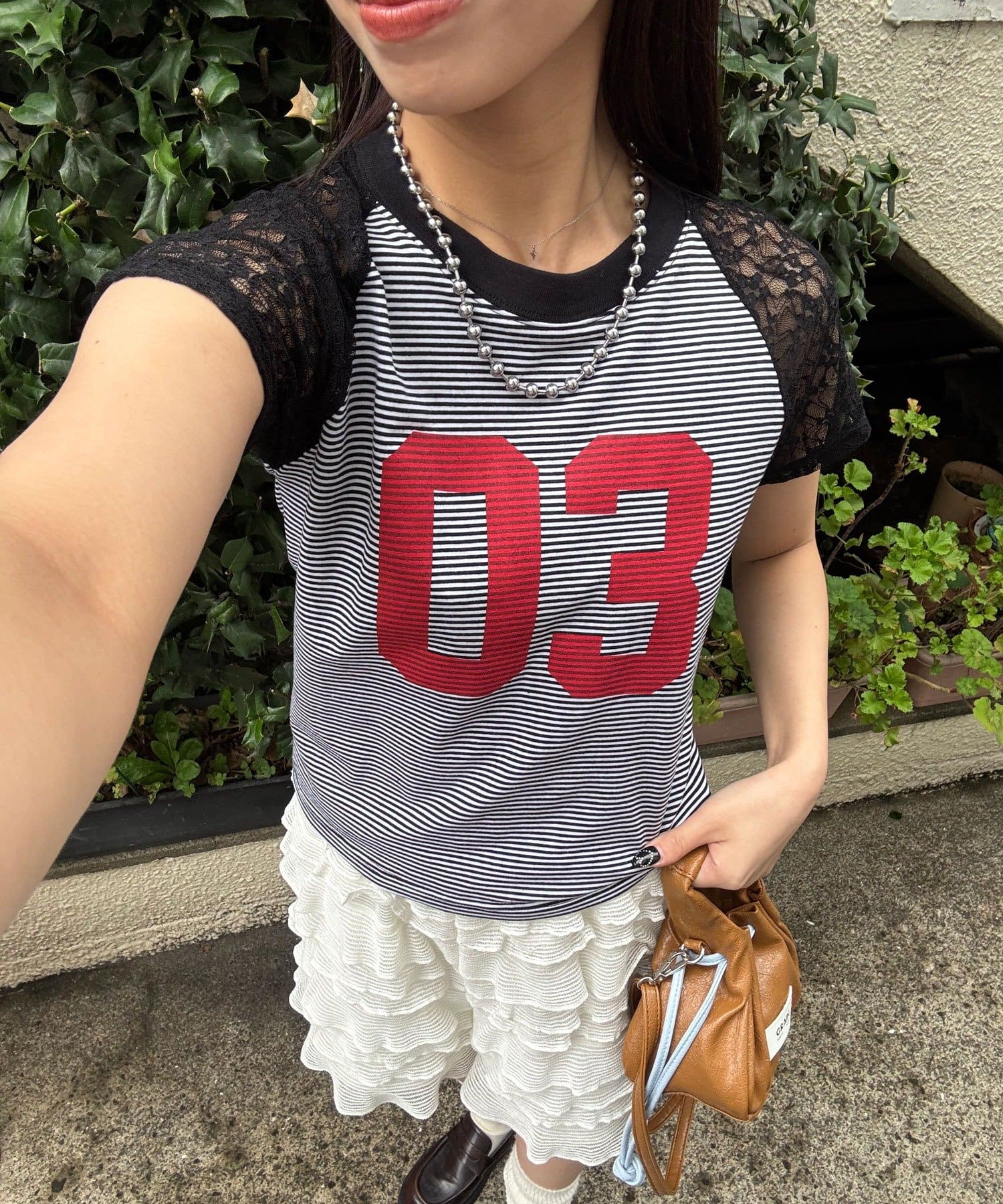 CIAOPANIC(チャオパニック) 袖レースナンバリングボーダーラグランTee