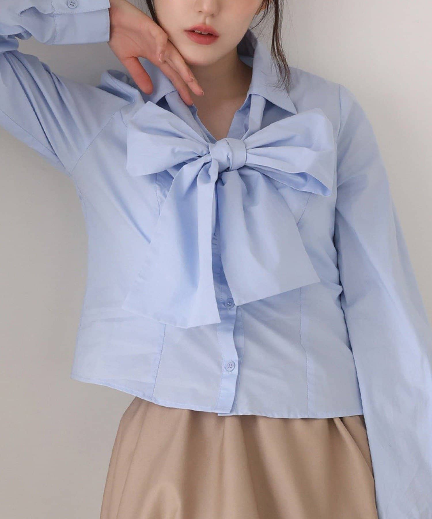 NICE CLAUP / OLIVE des OLIVE OUTLET(ナイスクラップ  / オリーブ デ オリーブ アウトレット) 【one after another】フロントギャザーリボンシャツ