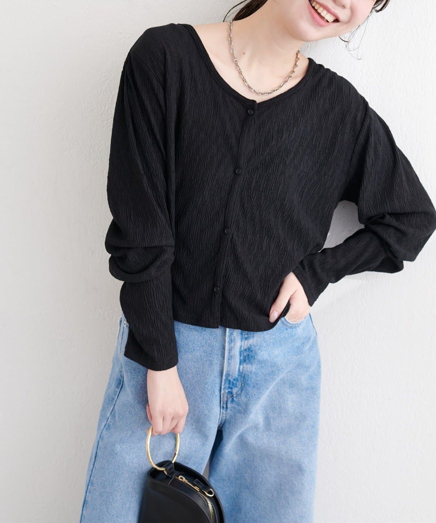 NICE CLAUP / OLIVE des OLIVE OUTLET(ナイスクラップ  / オリーブ デ オリーブ アウトレット) 【natural couture】ランダムクレープカットソー２ＷＡＹカーデ