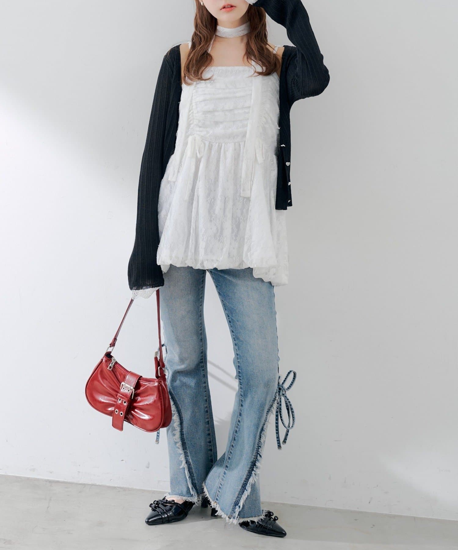 Remind me and forever(リマインドミーアンドフォーエバー) 【-3キロ見え美シルエット】フリンジ切替えリボンフレアデニム