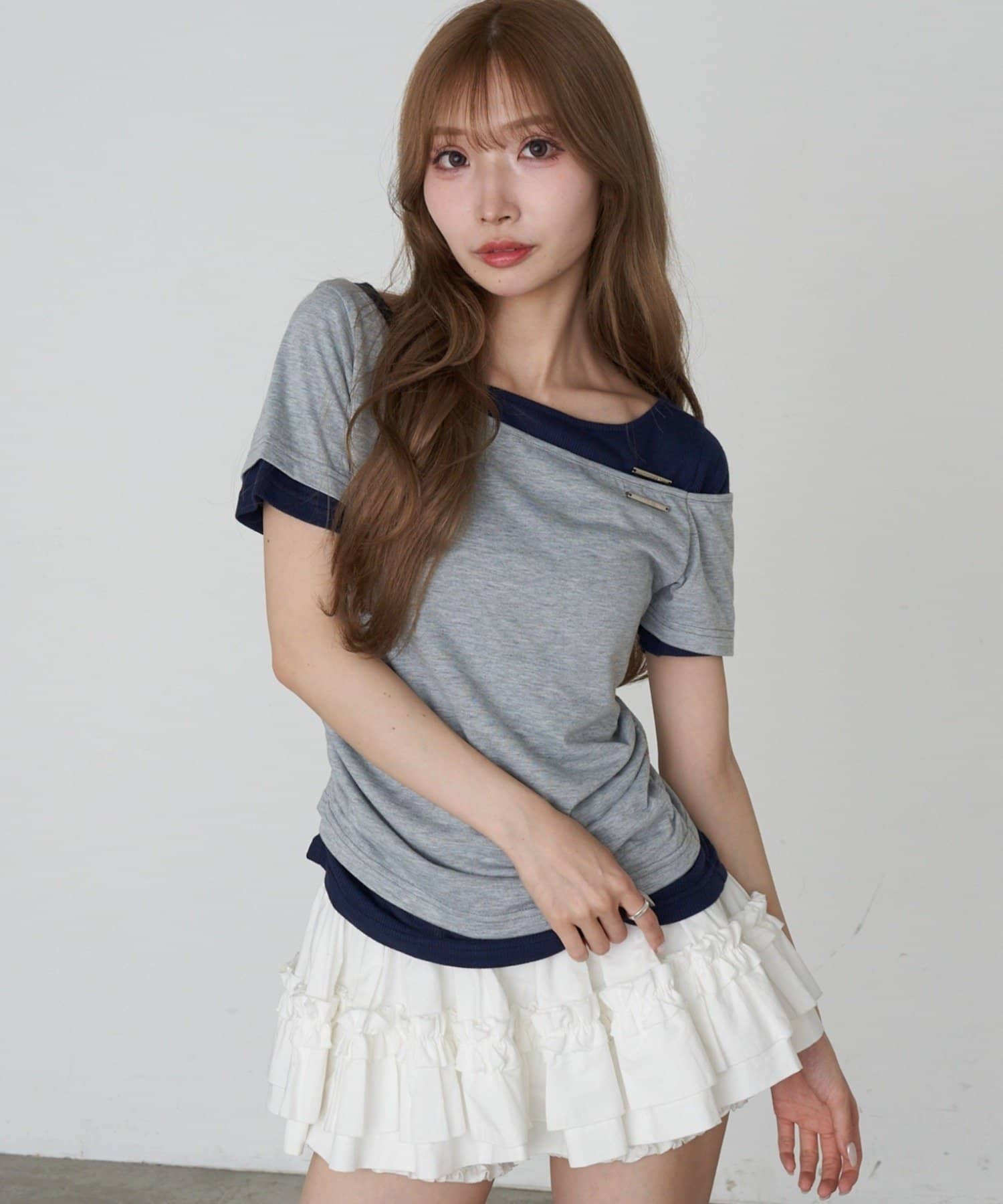 RAY CASSIN(レイカズン) 【好評につき半袖登場！】オフショルレイヤード半袖Tシャツ