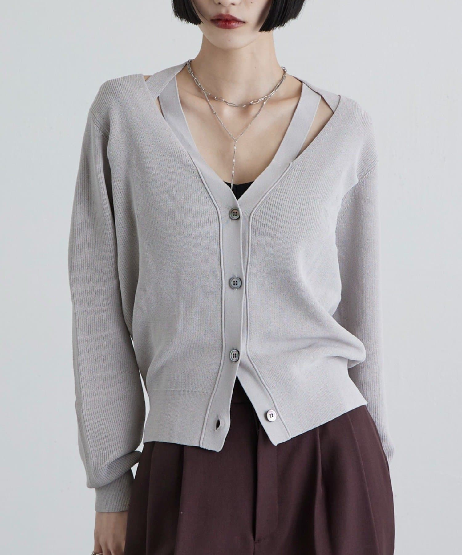 OUTLET(アウトレット) 【Lui's】Vネック衿デザインリブニットカーディガン
