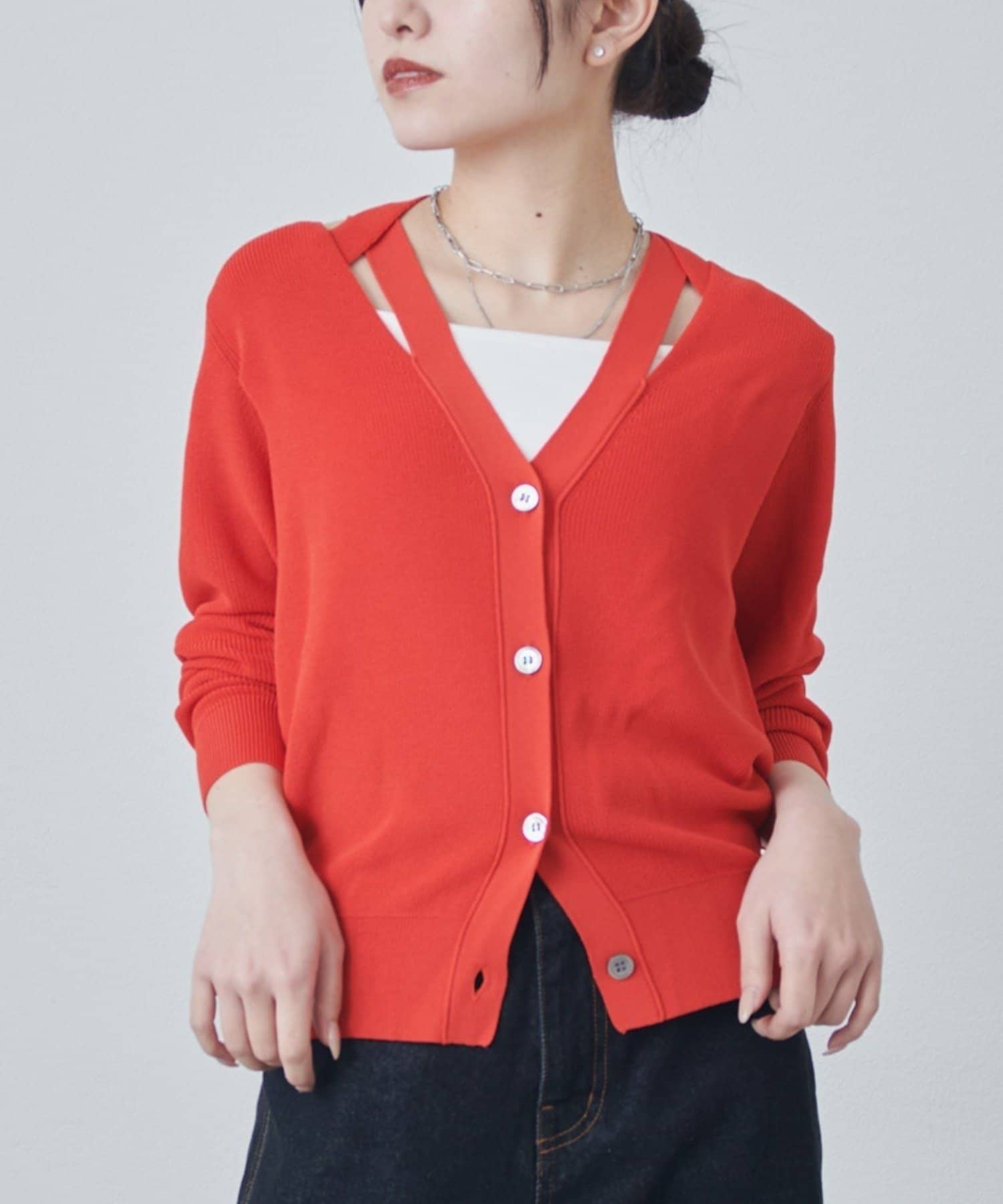 OUTLET(アウトレット) 【Lui's】Vネック衿デザインリブニットカーディガン