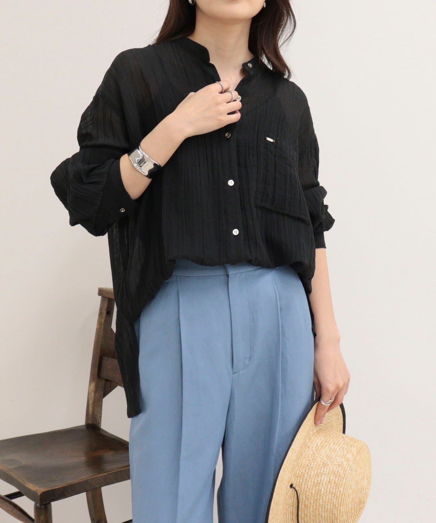 FREDY & GLOSTER(フレディ アンド グロスター) リネン混楊柳バンドカラーシャツ