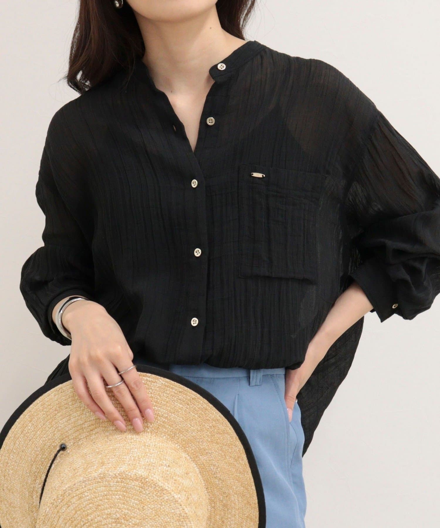 FREDY & GLOSTER(フレディ アンド グロスター) リネン混楊柳バンドカラーシャツ