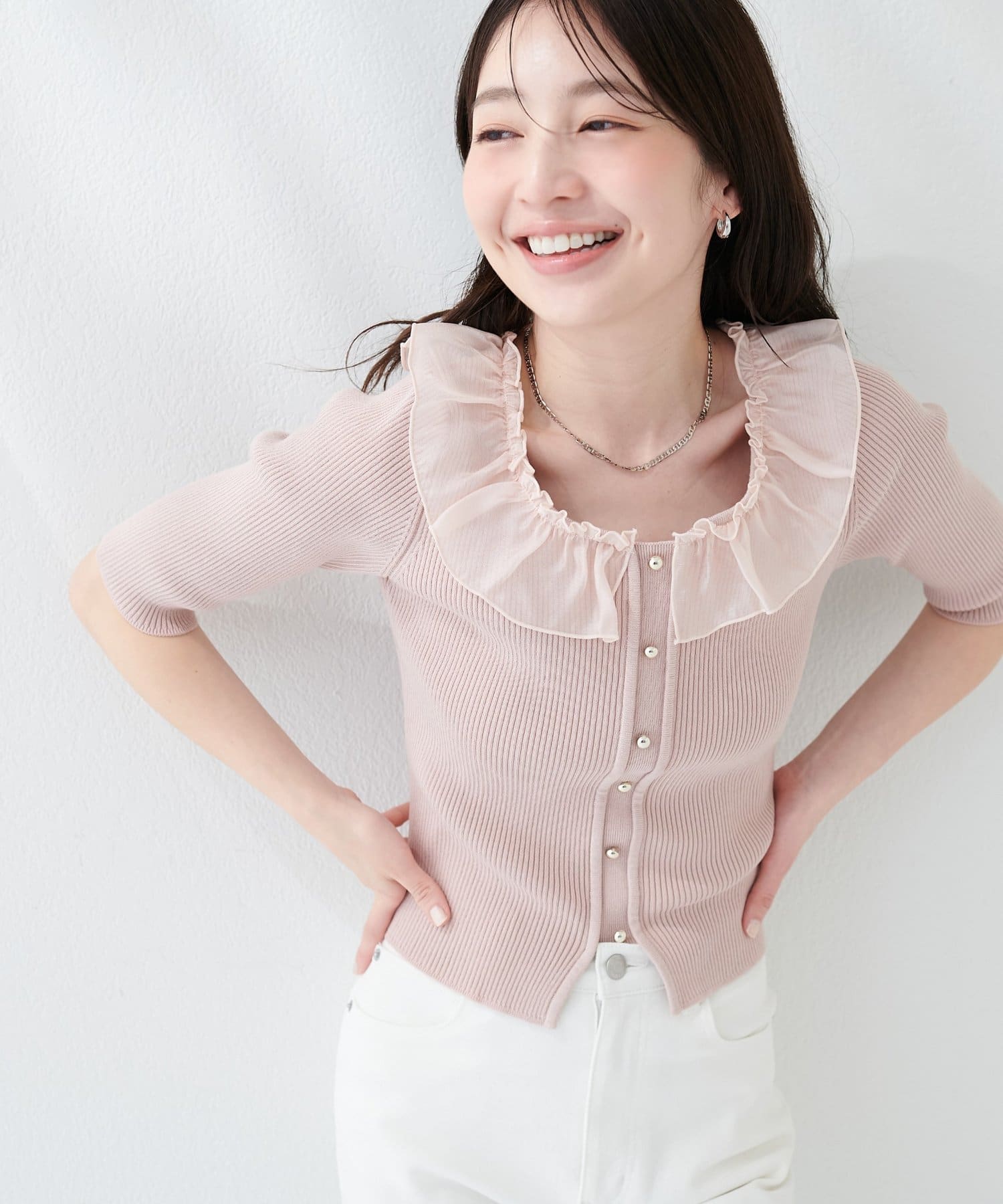 natural couture(ナチュラルクチュール) 異素材フリル半袖ニット