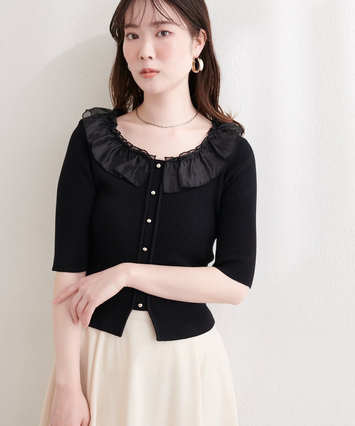 natural couture(ナチュラルクチュール) 異素材フリル半袖ニット