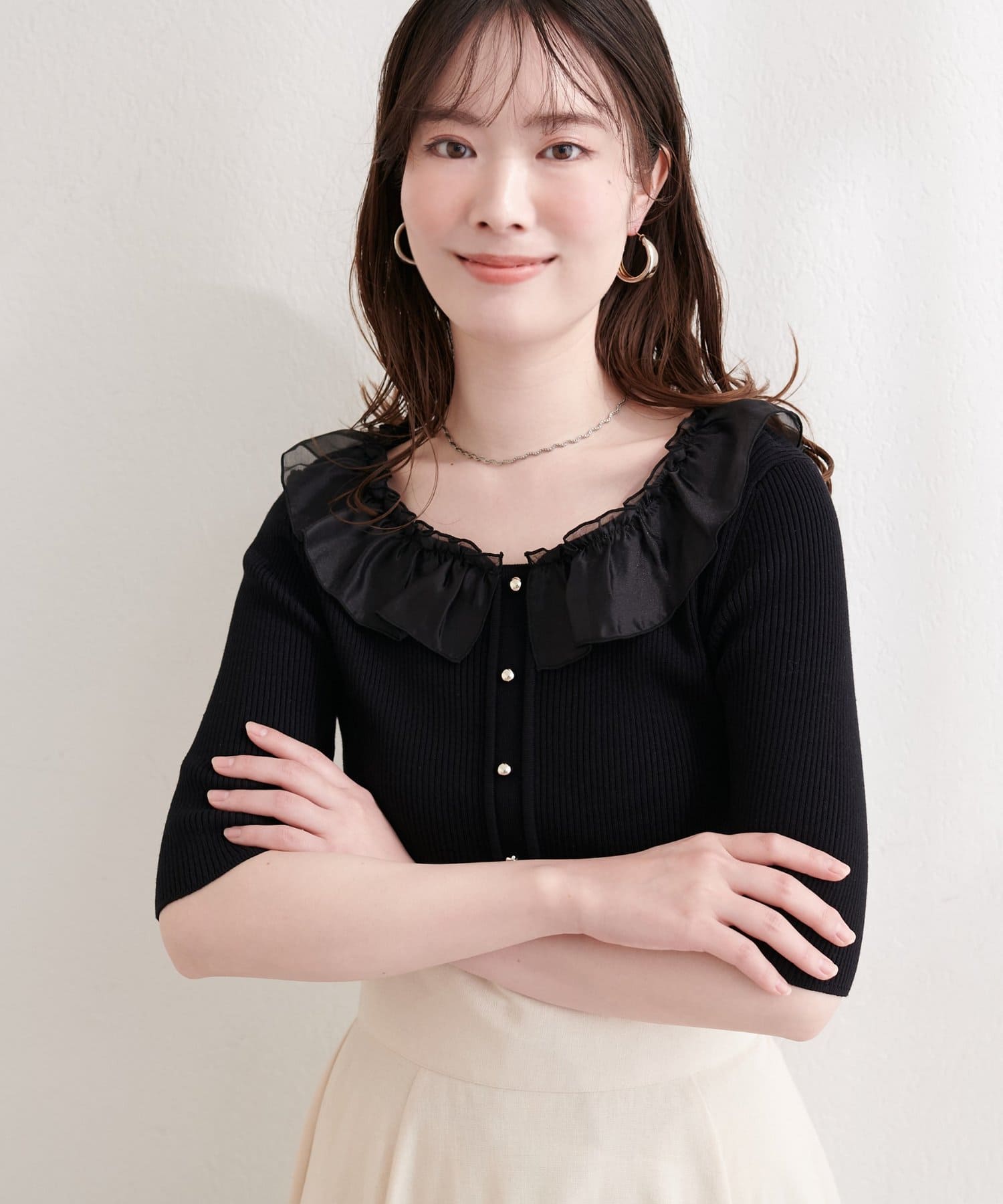 natural couture(ナチュラルクチュール) 異素材フリル半袖ニット