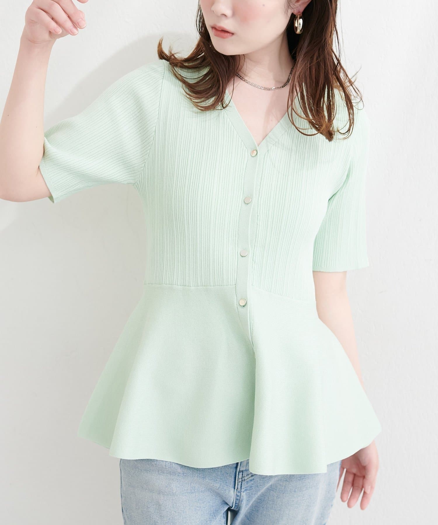 natural couture(ナチュラルクチュール) ランダムリブ５分袖ペプラムニットカーディガン