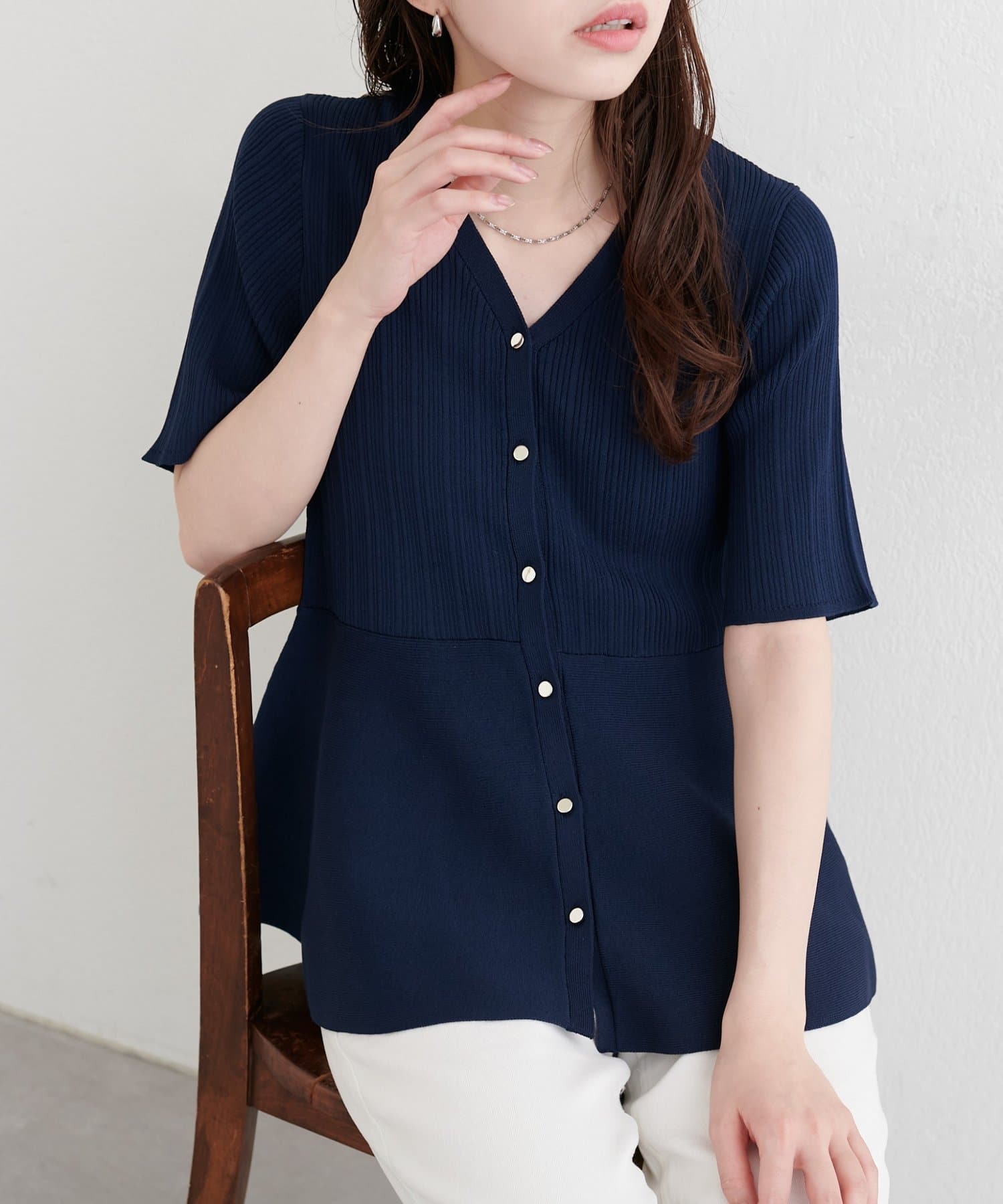 natural couture(ナチュラルクチュール) ランダムリブ５分袖ペプラムニットカーディガン