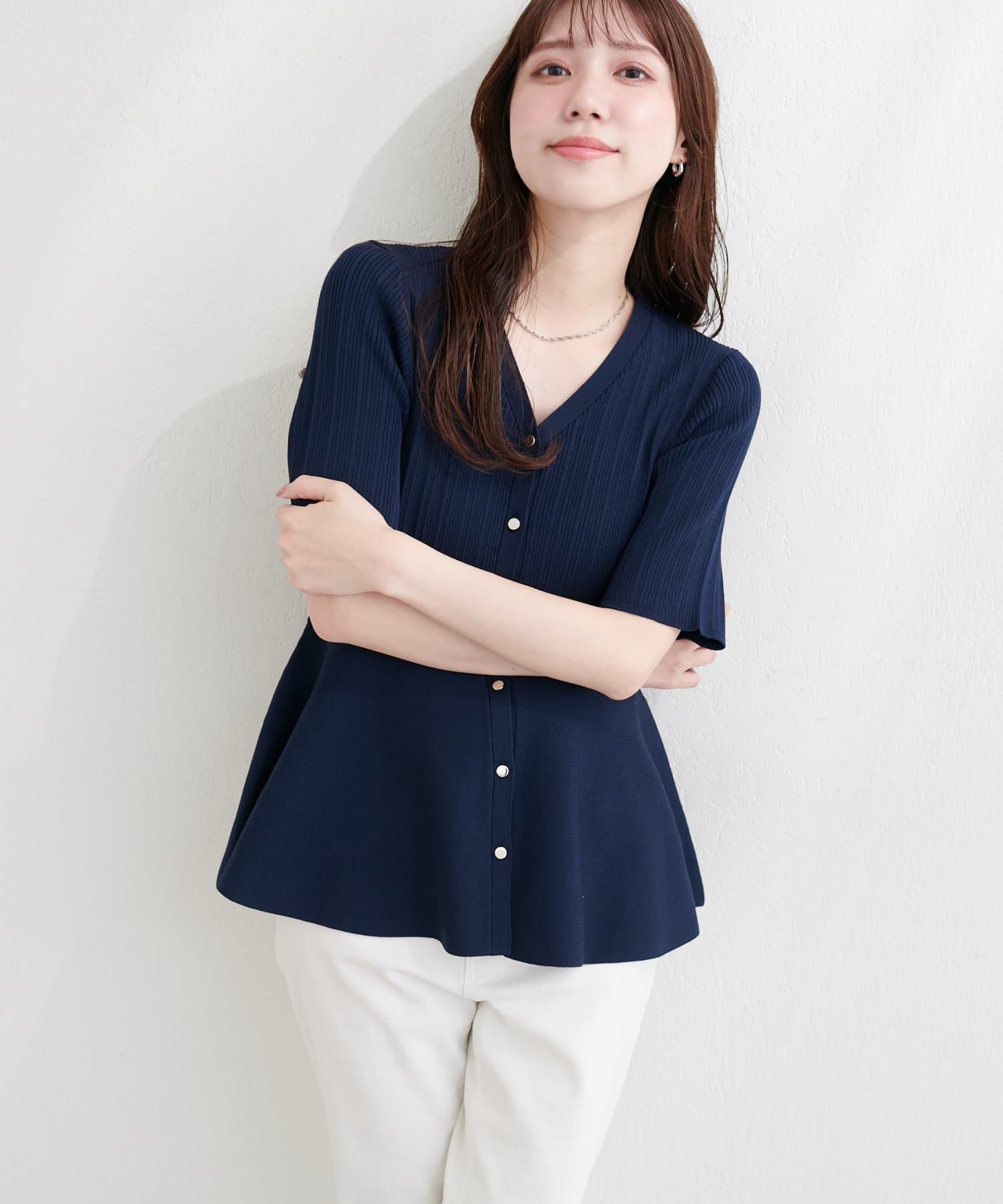 natural couture(ナチュラルクチュール) ランダムリブ５分袖ペプラムニットカーディガン