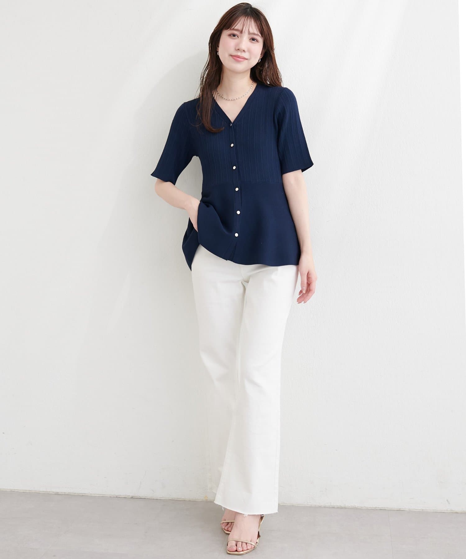 natural couture(ナチュラルクチュール) ランダムリブ５分袖ペプラムニットカーディガン