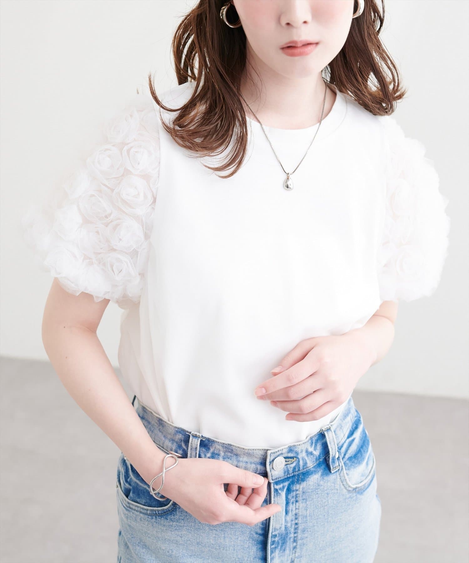 natural couture(ナチュラルクチュール) フラワーレースパフスリーブT