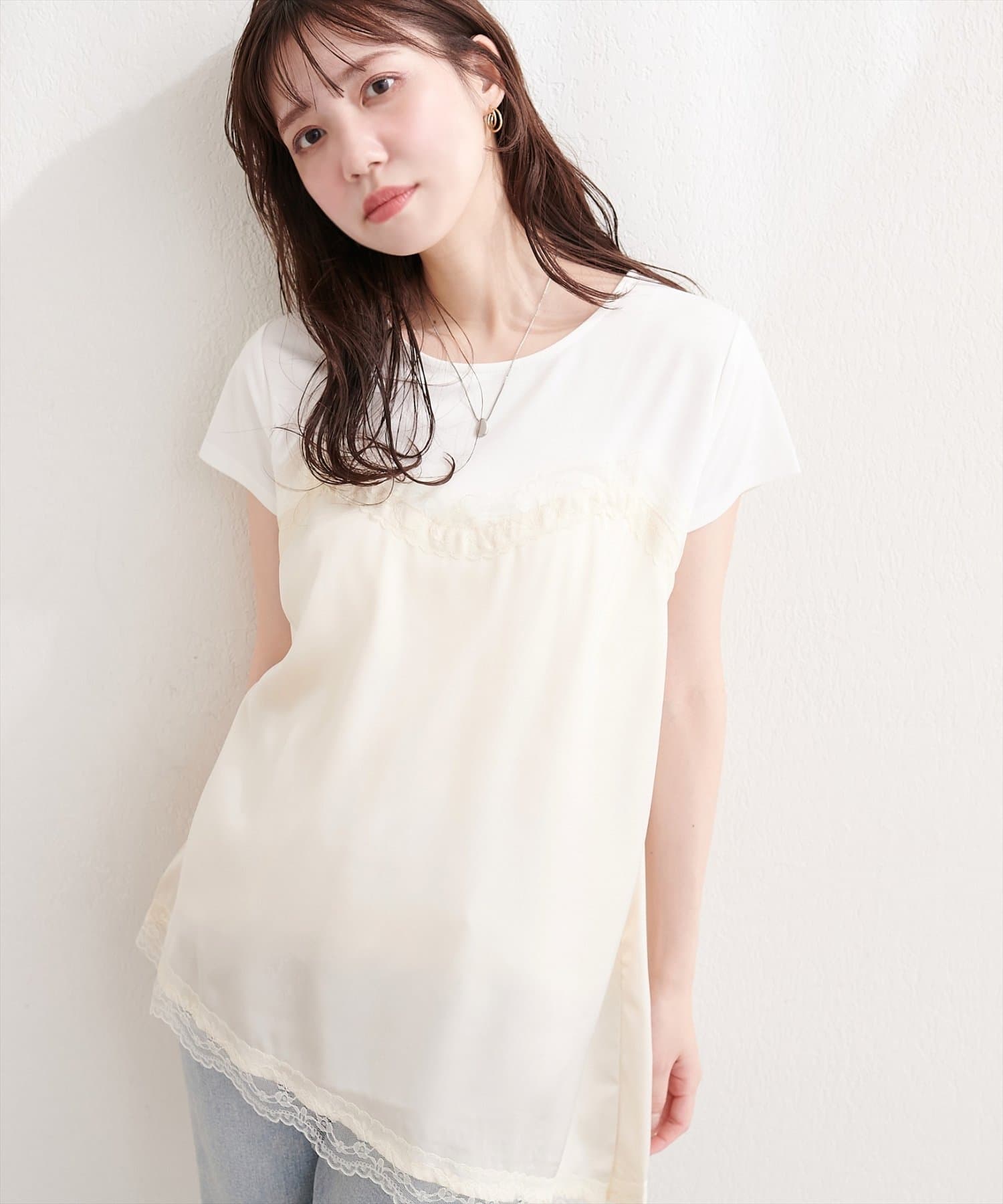 natural couture(ナチュラルクチュール) アシメサテンレースドッキングT