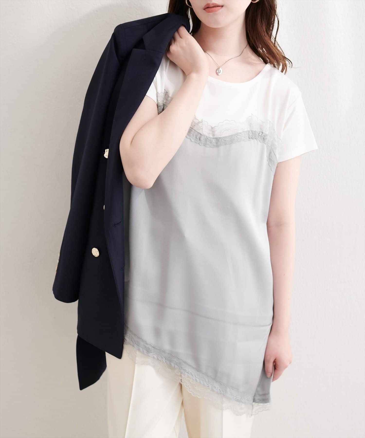 natural couture(ナチュラルクチュール) アシメサテンレースドッキングT