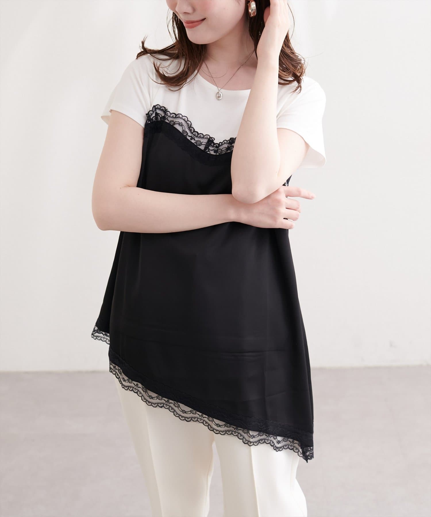 natural couture(ナチュラルクチュール) アシメサテンレースドッキングT