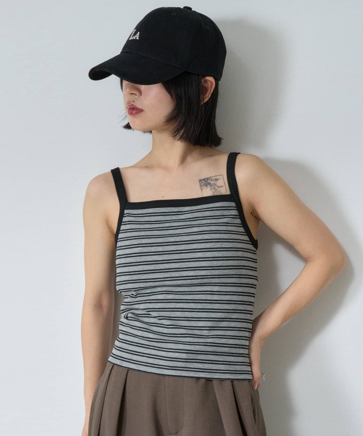 -goocy-(グーシー) 【1枚で楽ちん＆可愛く決まる】カットリブボーダーカップ付きキャミ