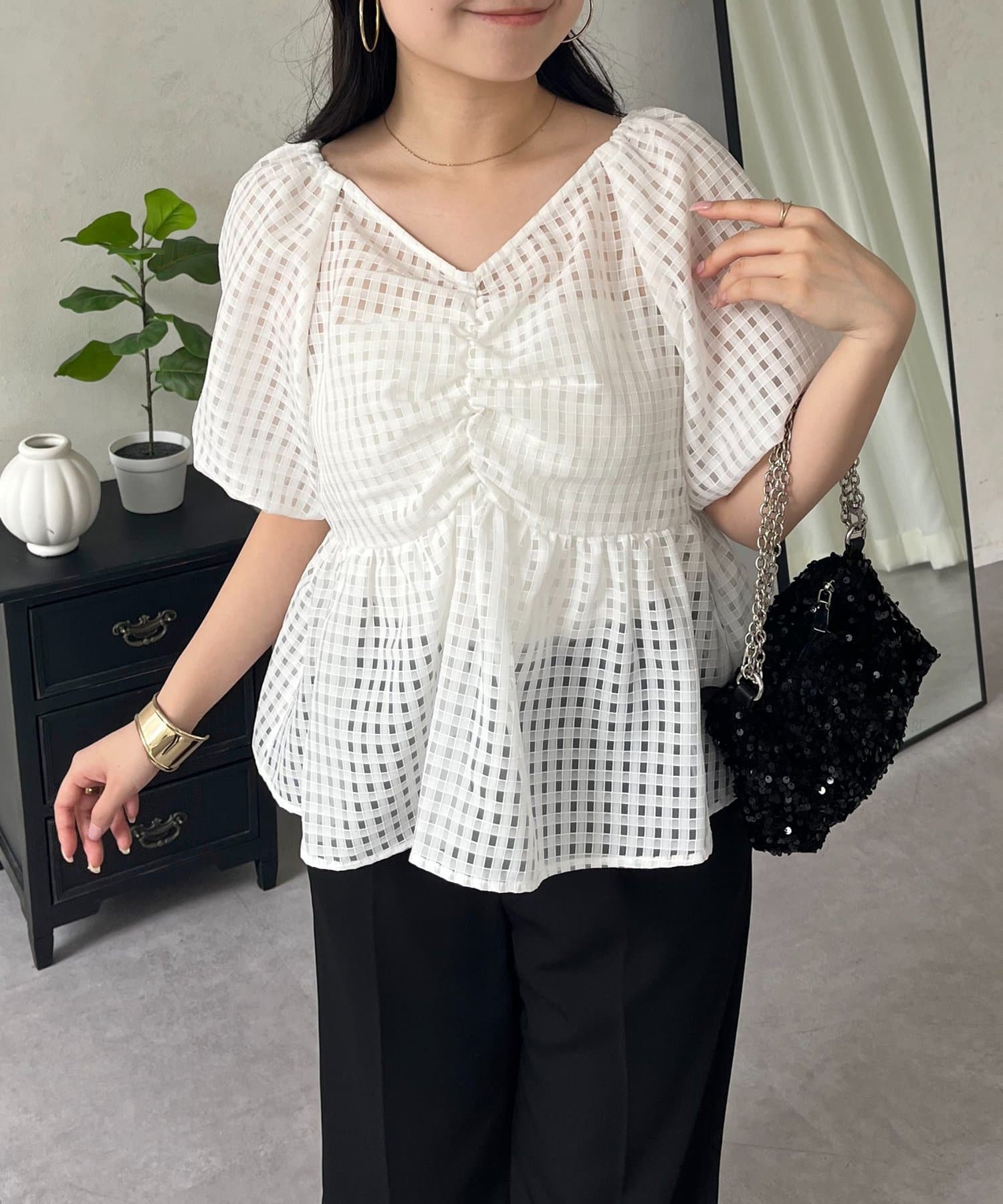 prose verse(プロズヴェール) オフショル2WAYシアーギンガムシャーリングペプラムブラウス