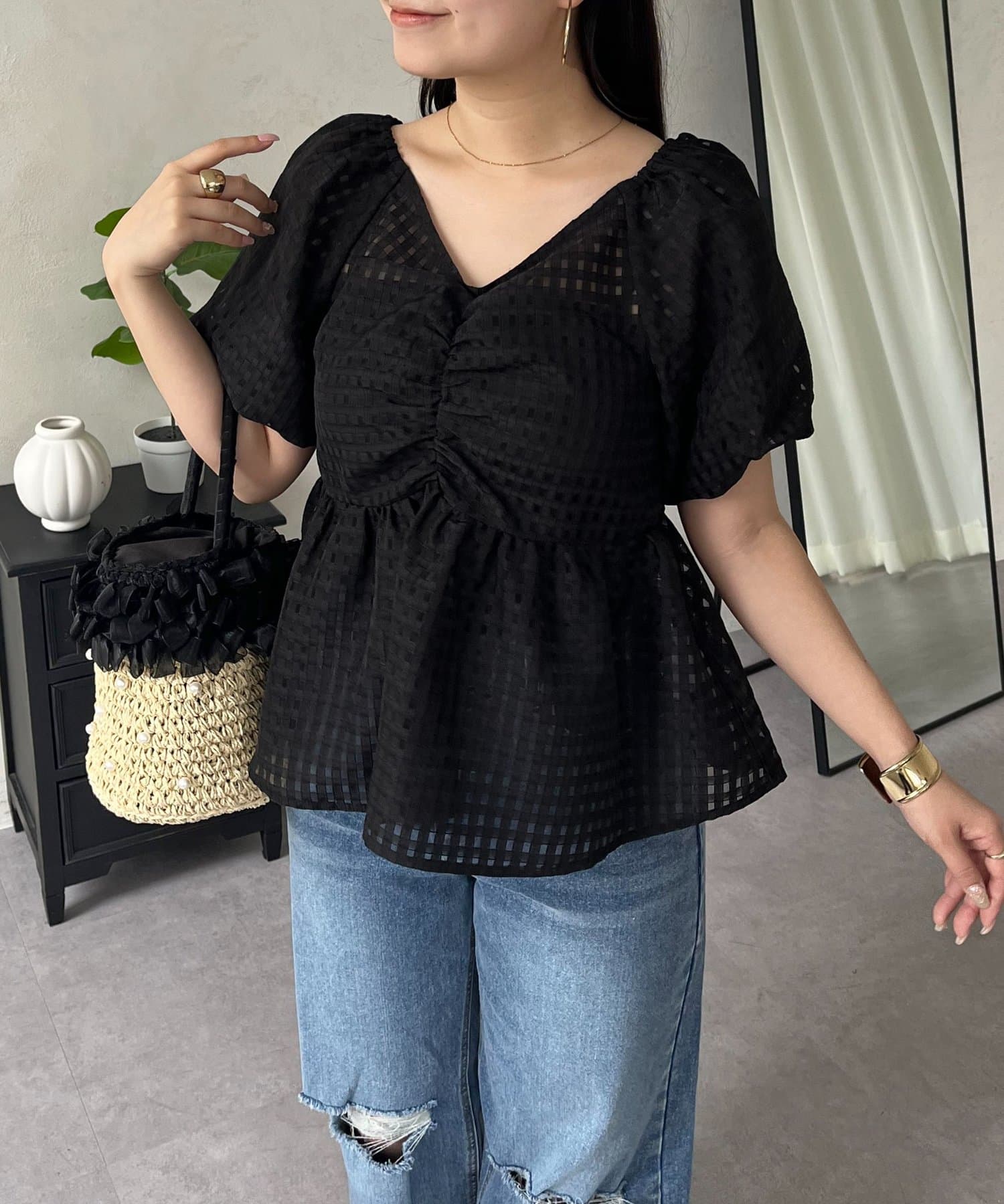 prose verse(プロズヴェール) オフショル2WAYシアーギンガムシャーリングペプラムブラウス