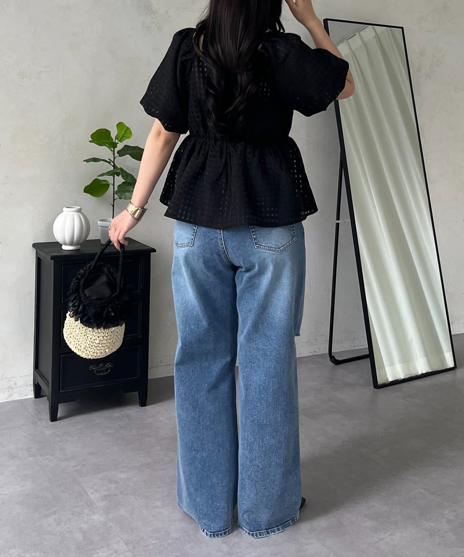 prose verse(プロズヴェール) オフショル2WAYシアーギンガムシャーリングペプラムブラウス