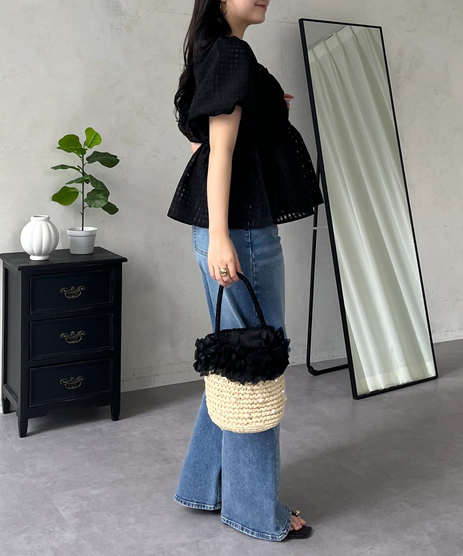 prose verse(プロズヴェール) オフショル2WAYシアーギンガムシャーリングペプラムブラウス