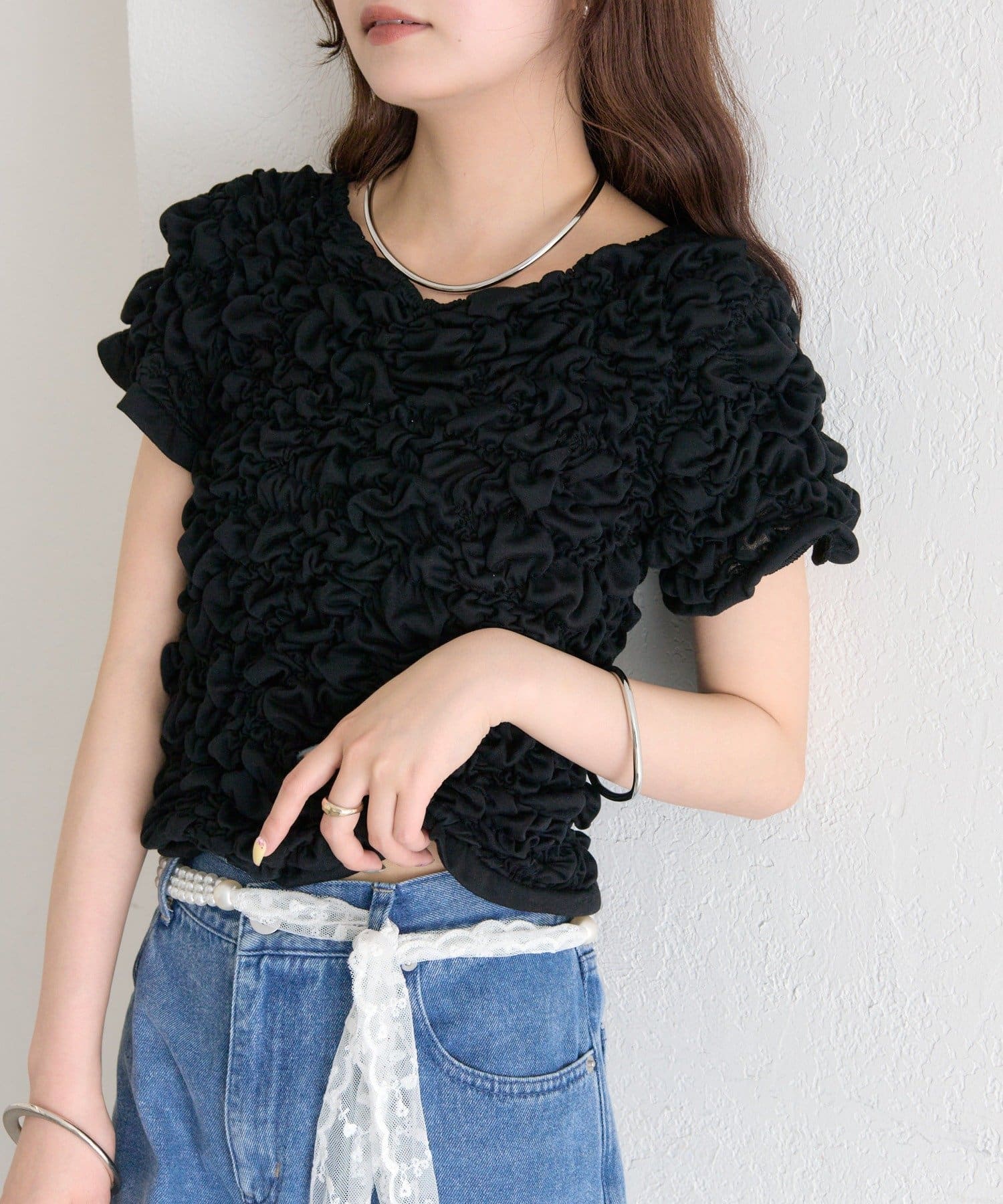 mystic(ミスティック) 《4日間限定15%OFF》ふわふわシャーリングTシャツ