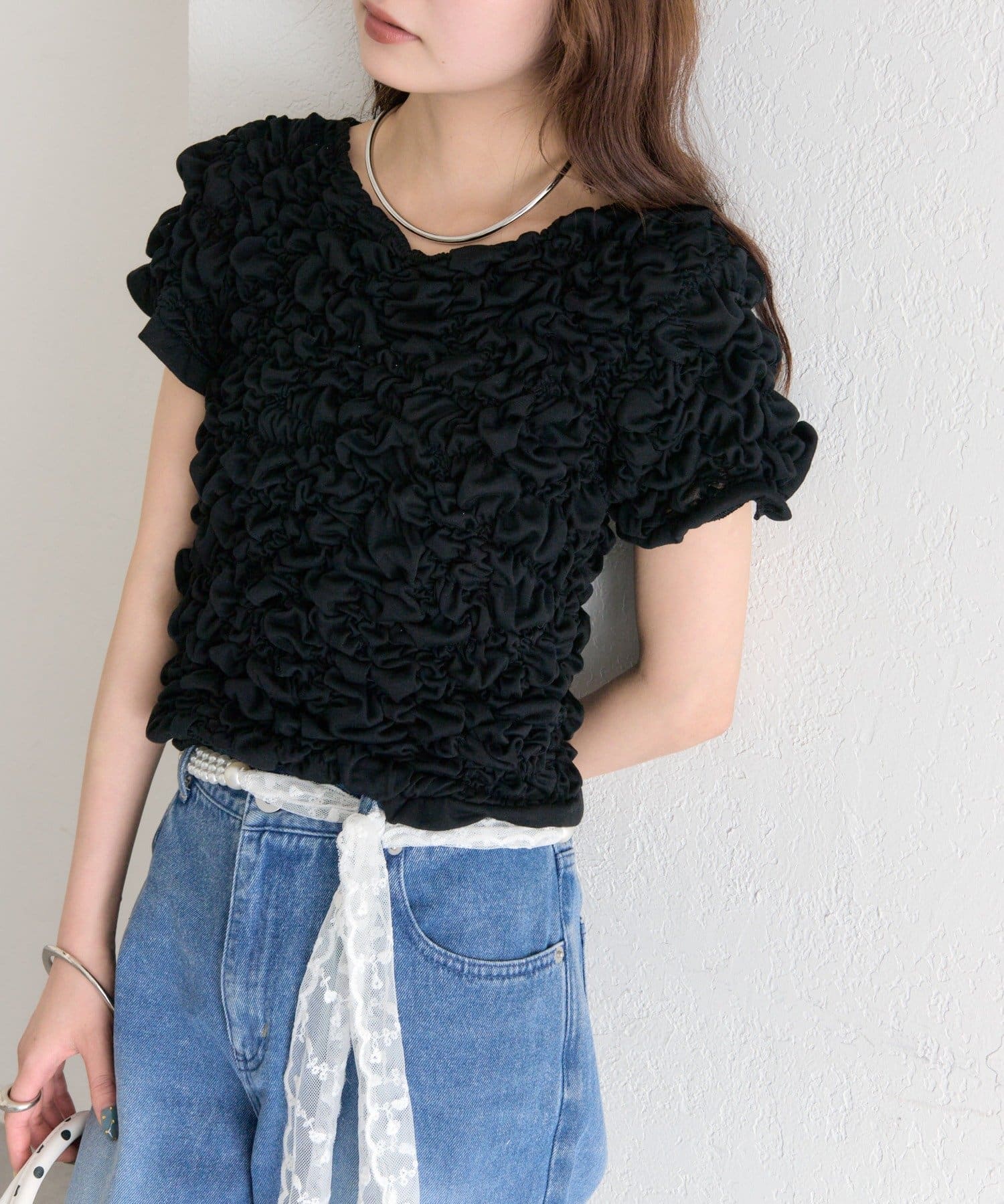 mystic(ミスティック) 《4日間限定15%OFF》ふわふわシャーリングTシャツ