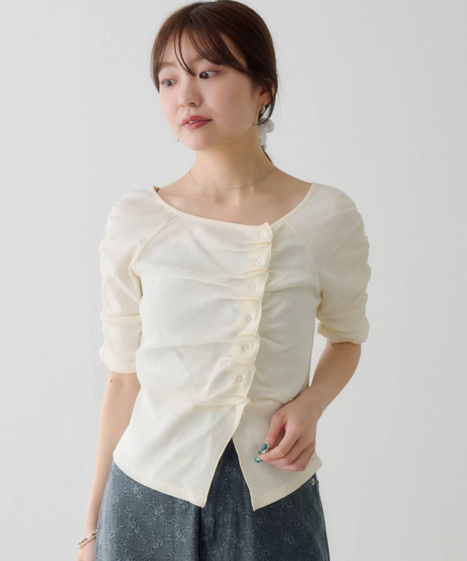 Kastane(カスタネ) 【WEB先行/無地&ドット&ボーダー】ギャザーテレコ半袖カーディガン