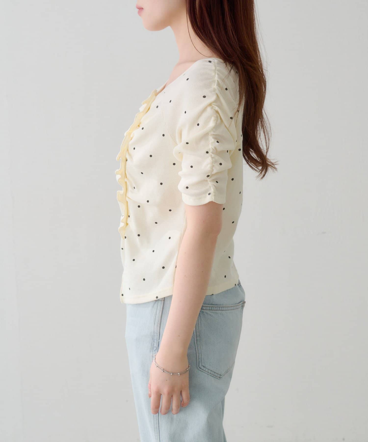 Kastane(カスタネ) 【WEB先行/無地&ドット&ボーダー】ギャザーテレコ半袖カーディガン