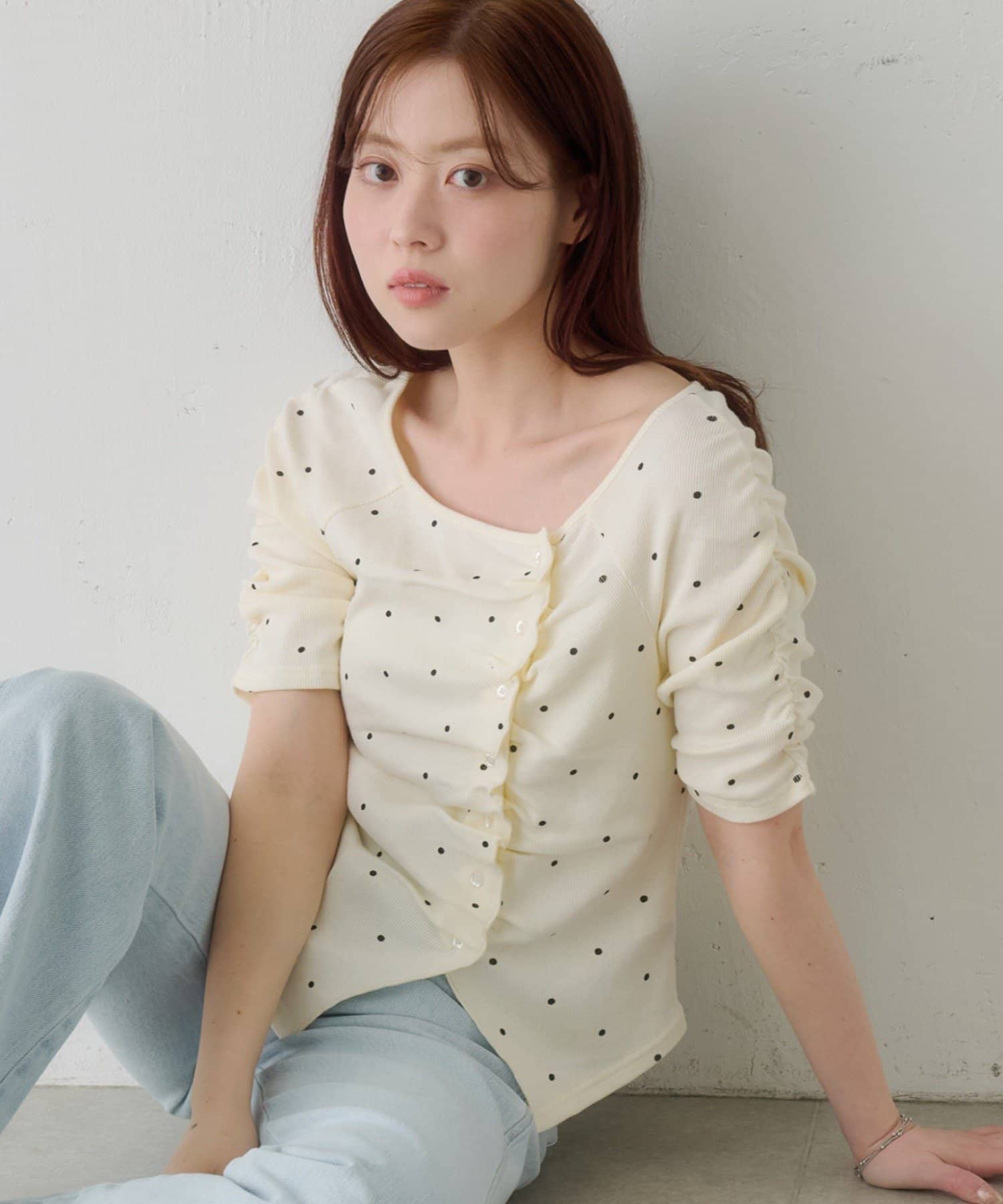 Kastane(カスタネ) 【WEB先行/無地&ドット&ボーダー】ギャザーテレコ半袖カーディガン