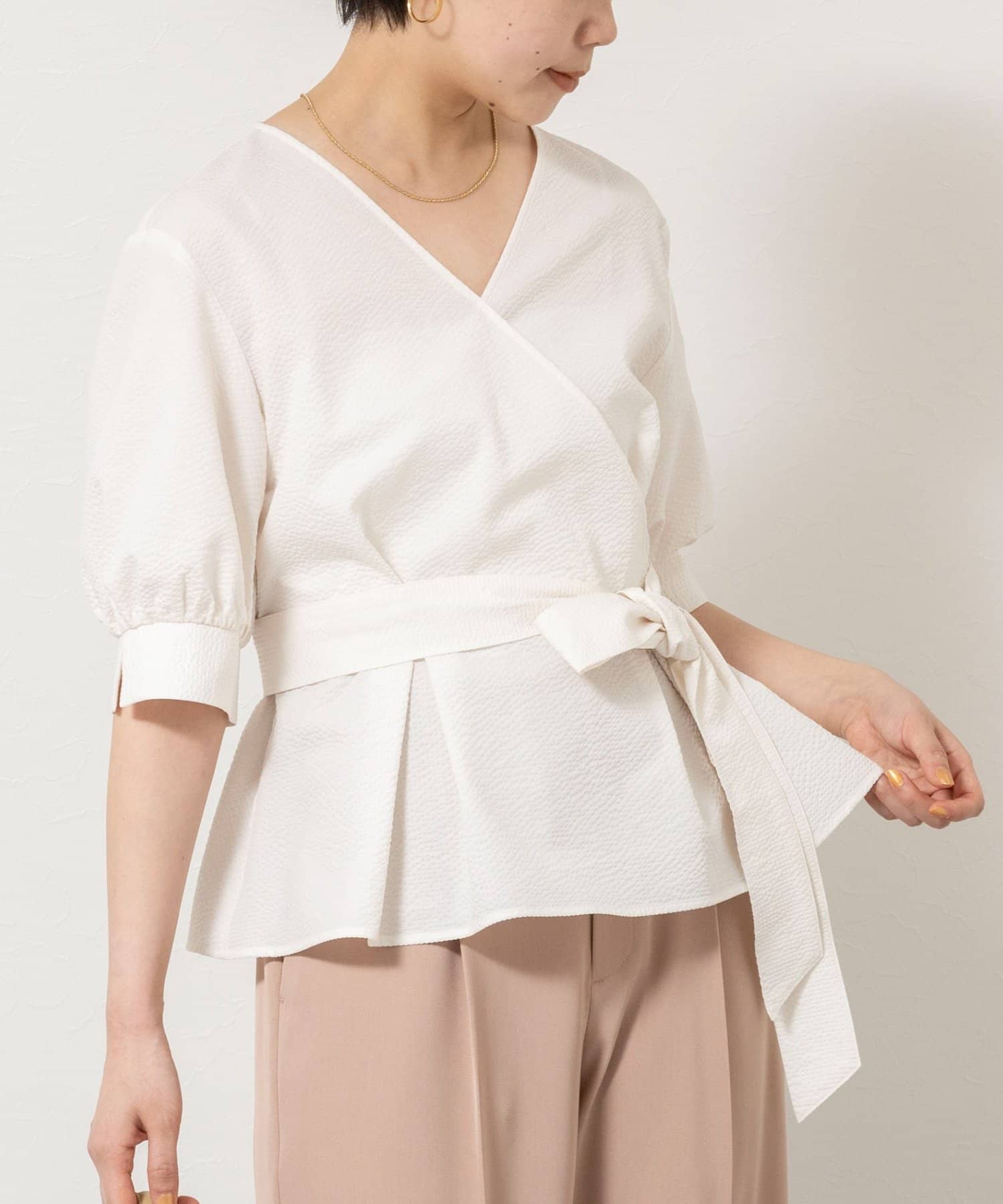 NOLLEY'S(ノーリーズ) ウォッシャブルサッカーベルト付ペプラムブラウス