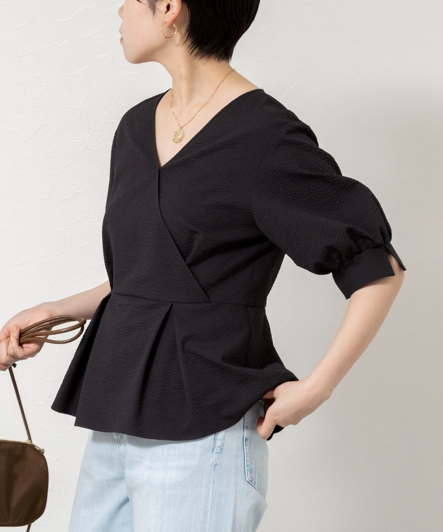 NOLLEY'S(ノーリーズ) ウォッシャブルサッカーベルト付ペプラムブラウス