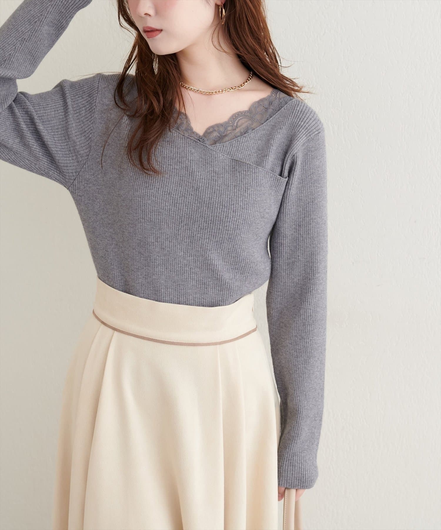 NICE CLAUP / OLIVE des OLIVE OUTLET(ナイスクラップ  / オリーブ デ オリーブ アウトレット) 【natural couture】アシメレースネックリブニットプルオーバー