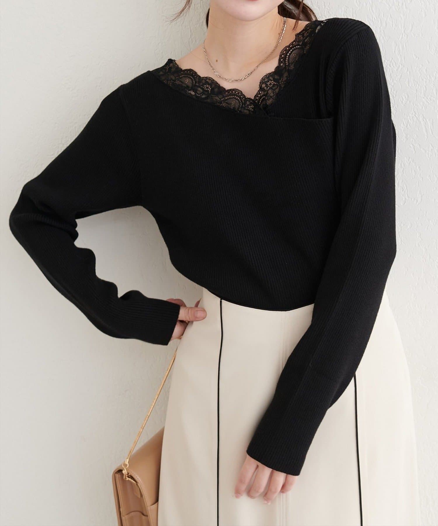 NICE CLAUP / OLIVE des OLIVE OUTLET(ナイスクラップ  / オリーブ デ オリーブ アウトレット) 【natural couture】アシメレースネックリブニットプルオーバー