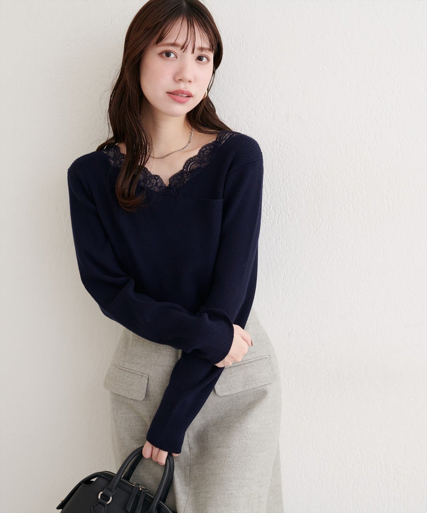 NICE CLAUP / OLIVE des OLIVE OUTLET(ナイスクラップ  / オリーブ デ オリーブ アウトレット) 【natural couture】アシメレースネックリブニットプルオーバー