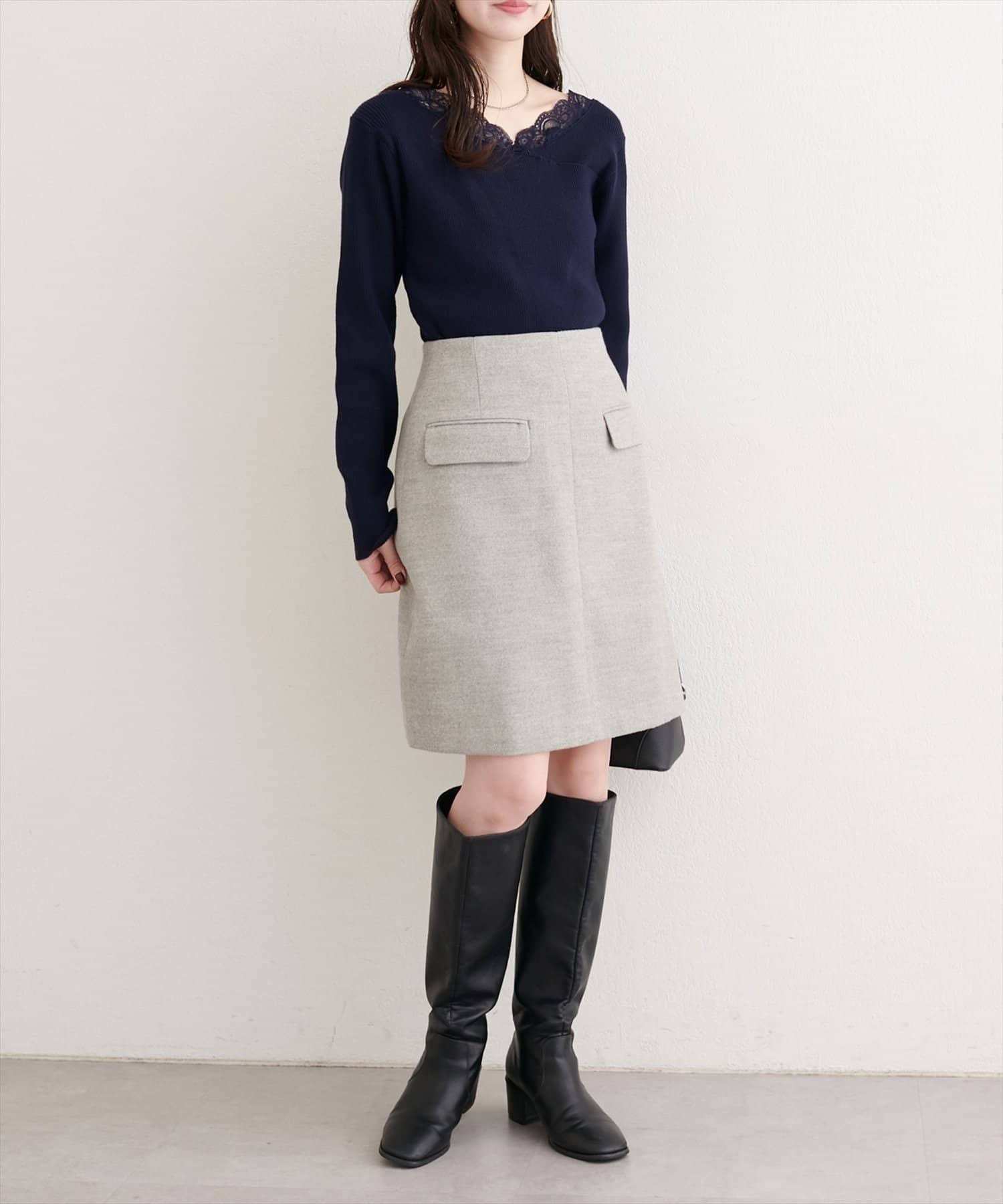 NICE CLAUP / OLIVE des OLIVE OUTLET(ナイスクラップ  / オリーブ デ オリーブ アウトレット) 【natural couture】アシメレースネックリブニットプルオーバー