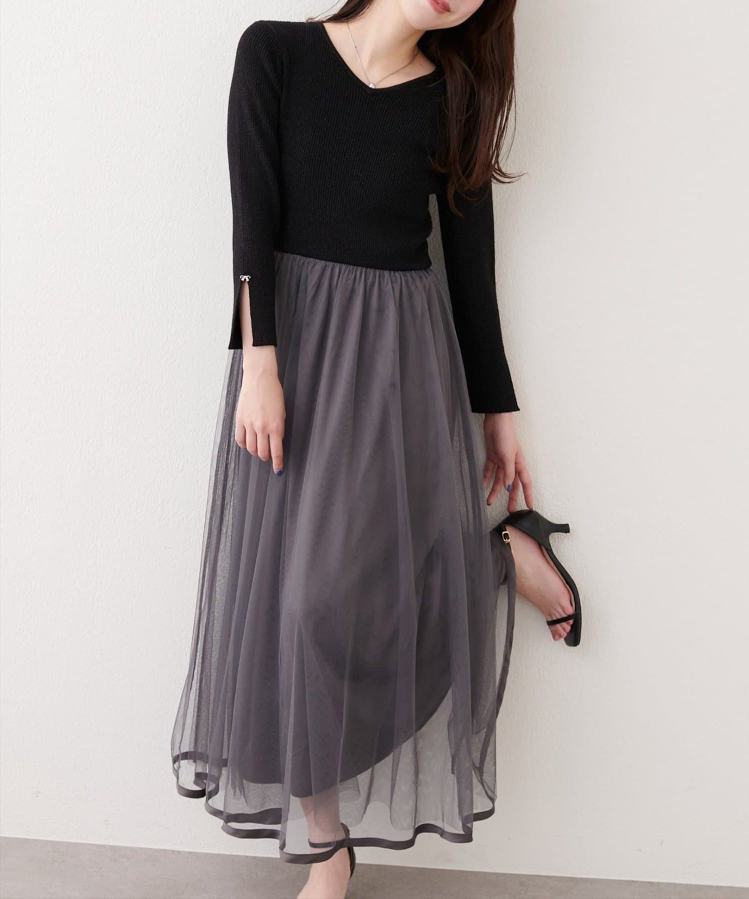 NICE CLAUP / OLIVE des OLIVE OUTLET(ナイスクラップ  / オリーブ デ オリーブ アウトレット) 【natural couture】リボンチャームニットドッキングワンピース