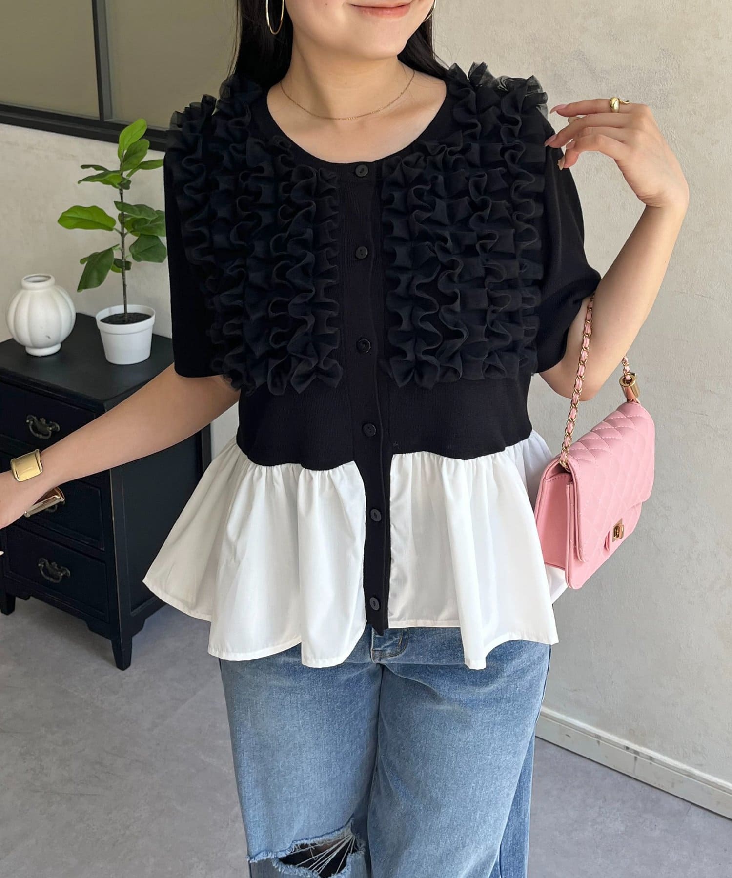 prose verse(プロズヴェール) チュールフリルドッキングペプラムニットカーディガン