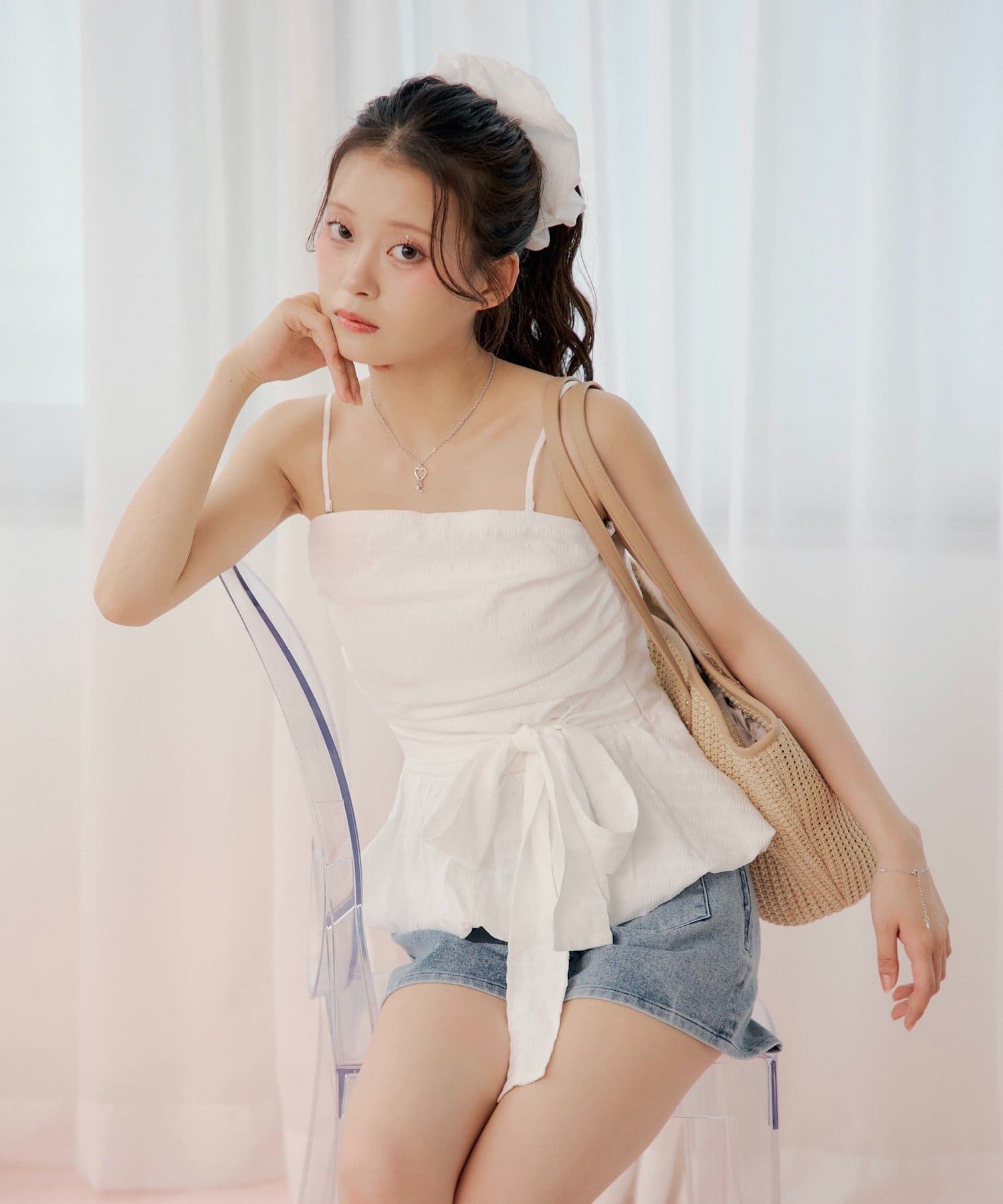 Chico(チコ) ギンガムバルーンペプラムトップス+シュシュセット