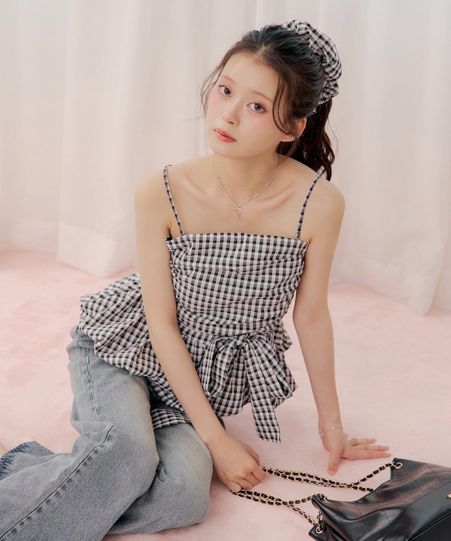 Chico(チコ) ギンガムバルーンペプラムトップス+シュシュセット