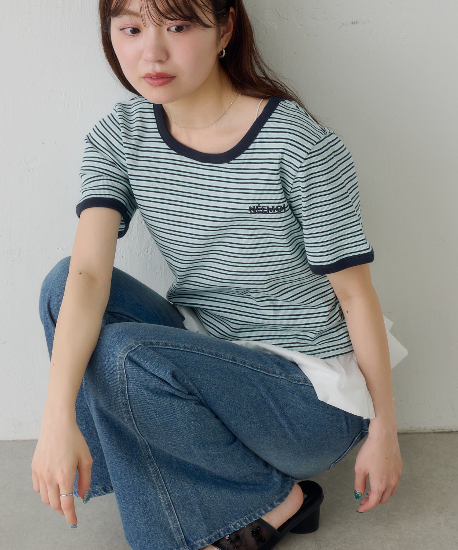 Kastane(カスタネ) ボーダー刺繍TEE