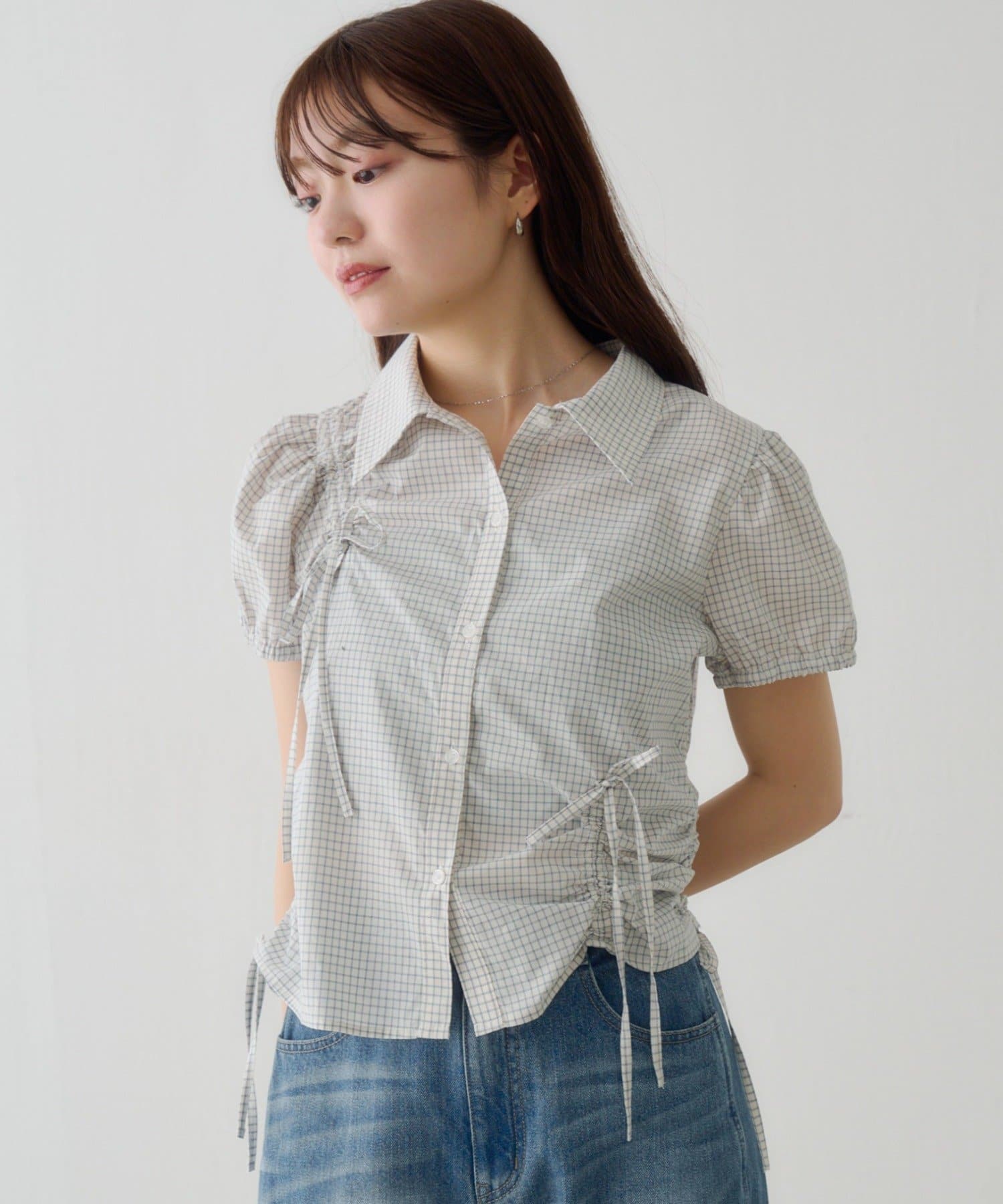 Kastane(カスタネ) 【WEB先行/チェック&無地】パフリボンシャツ