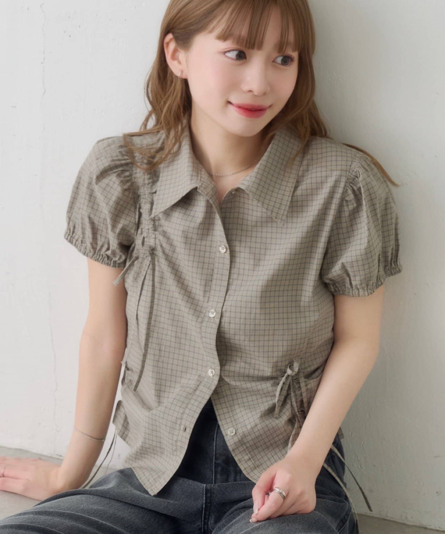 Kastane(カスタネ) 【WEB先行/チェック&無地】パフリボンシャツ