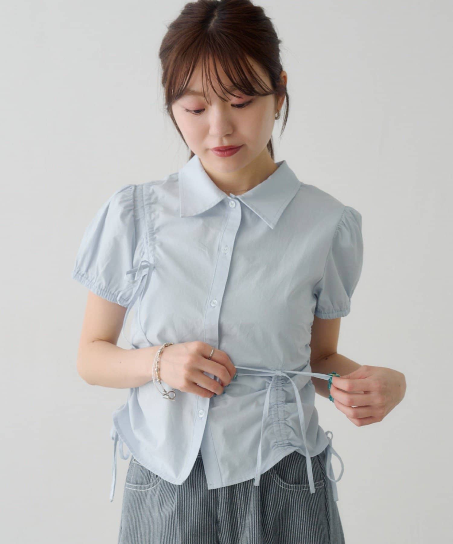 Kastane(カスタネ) 【WEB先行/チェック&無地】パフリボンシャツ