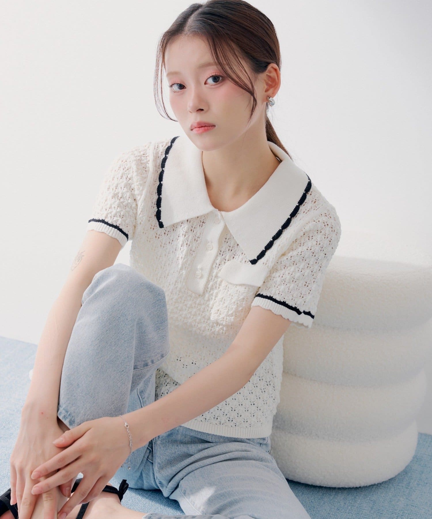 Chico(チコ) 【SALON by Chico】クロシェポロ袖ラインサマーニット