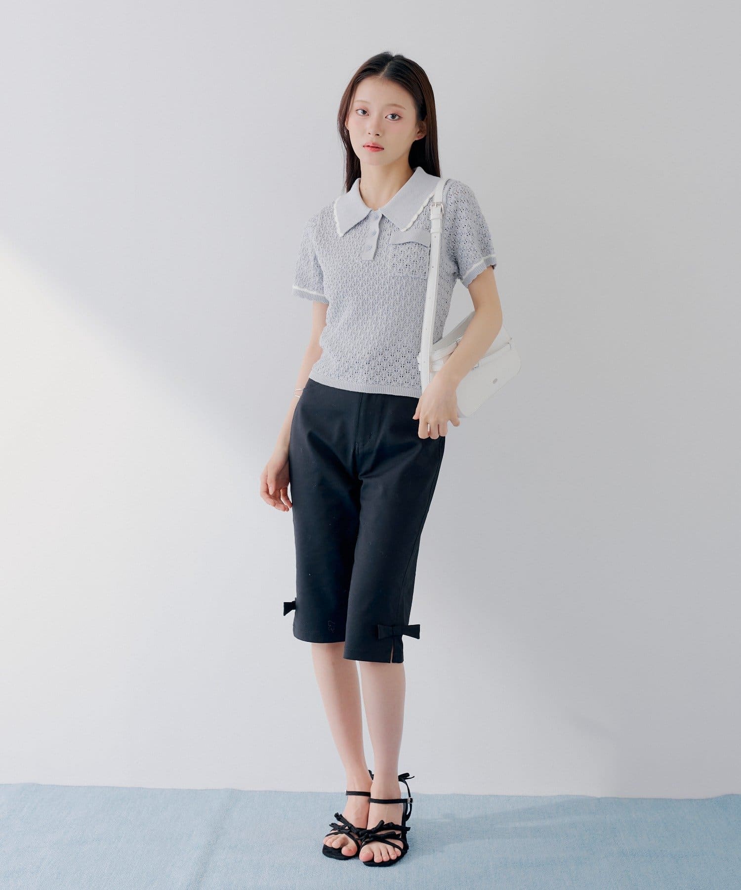 Chico(チコ) 【SALON by Chico】クロシェポロ袖ラインサマーニット